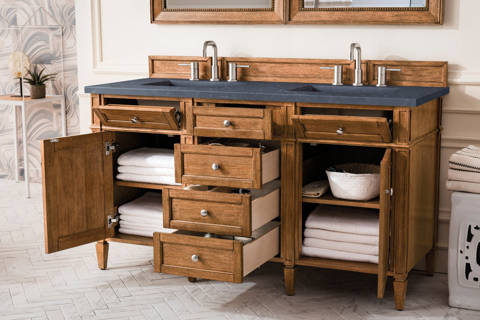 Brittany 60" Saddle Brown Double Vanity, Charcoal Soapstone Quartz Top