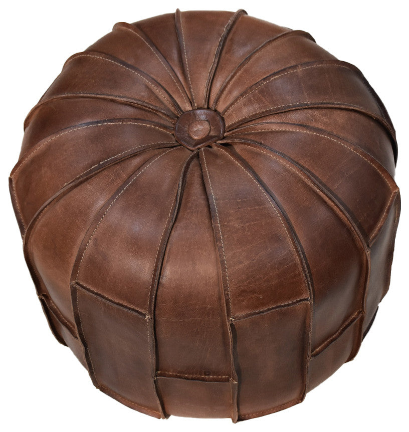 Solid Handmade Leather Pouf Brown, 16x16x16