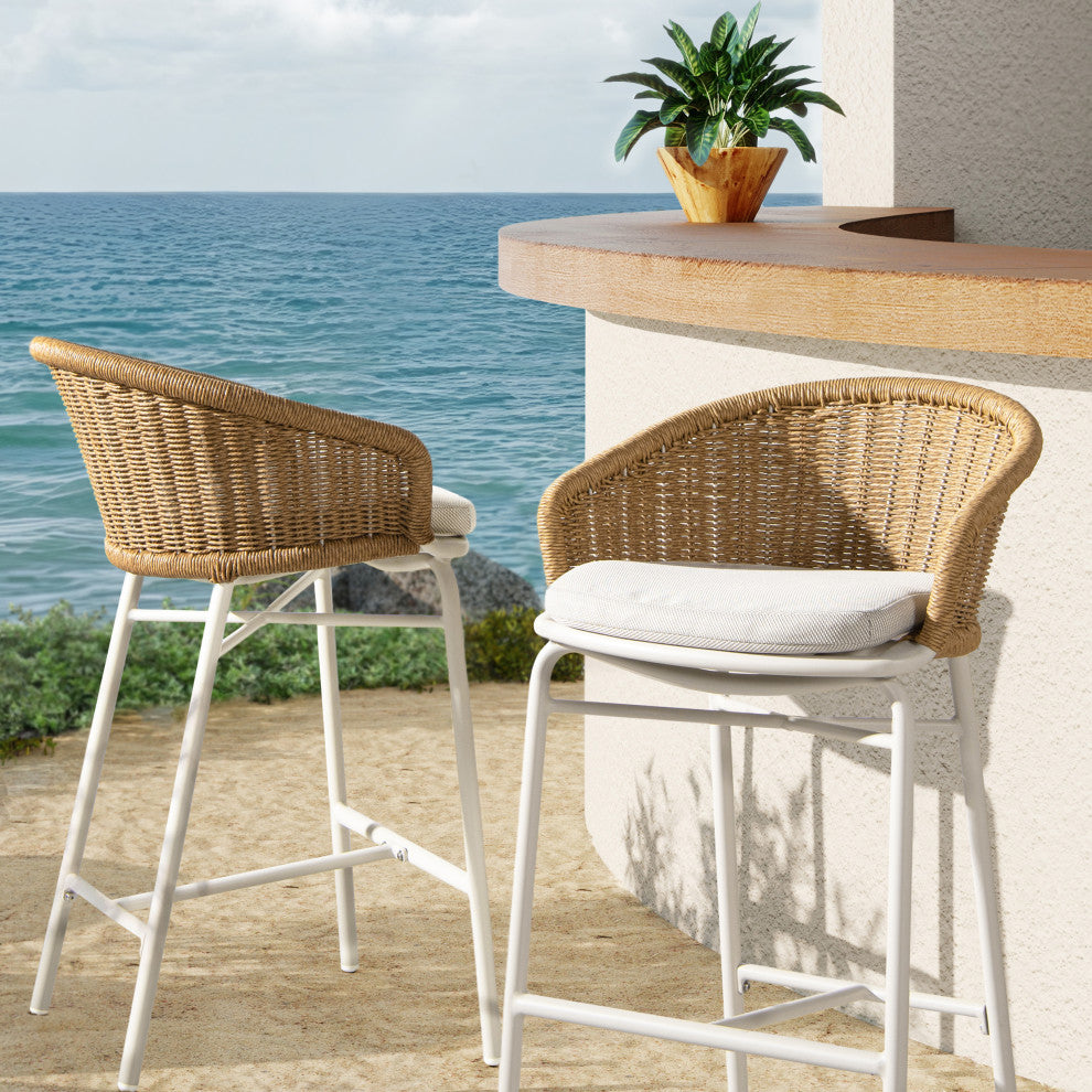Santorini 28" Wicker Outdoor Patio Bar Stool With Arms, Set of 2, Wheat Beige