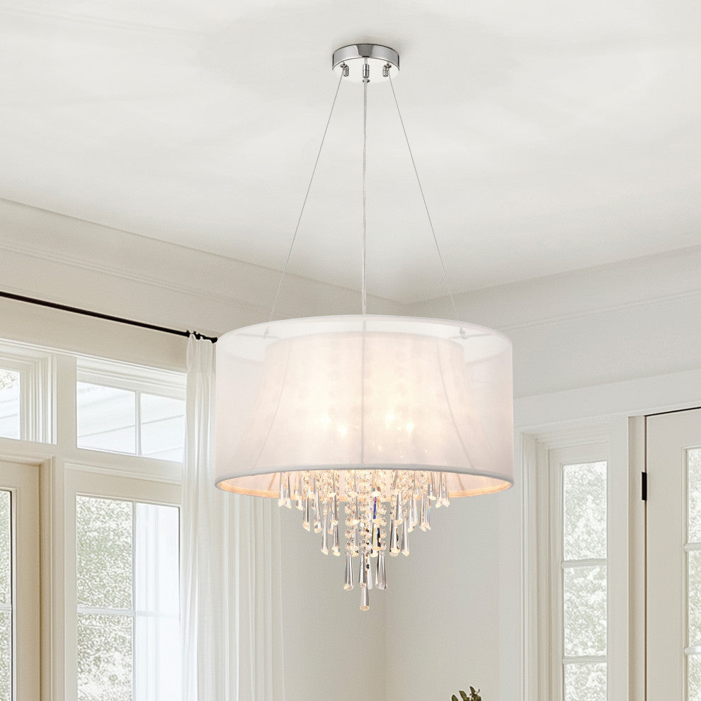 4-Light Double White Fabric Drum Shade Crystal Pendant Chandelier Glam Lighting