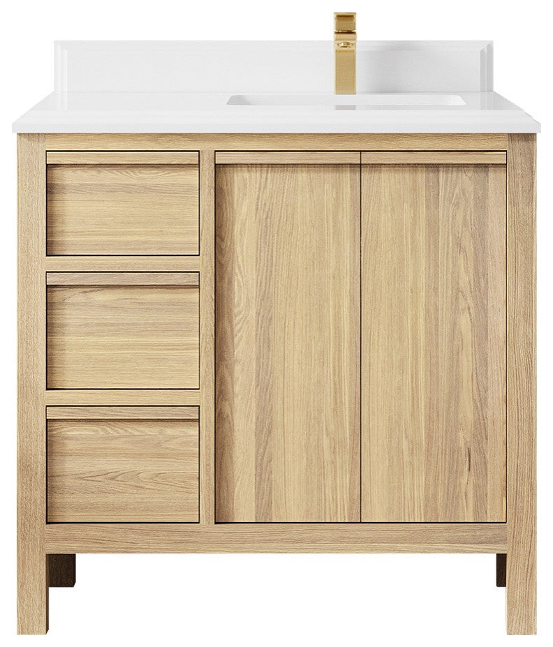 Elizabeth Oak 36" Right Offset Sink Vanity, White 1.5" White Quartz