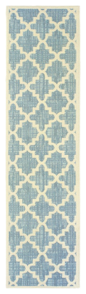 2' X 8' Blue and Ivory Moroccan Indoor Outdoor Area Rug