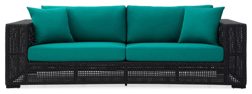 Modern Marquesa Outdoor Black Wicker Sofa with Quick Drying Cushions, Green