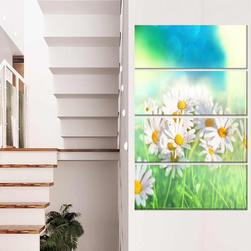 Little White Chamomiles in Garden, Floral Canvas Art Print, 28"x48", 4 Panels