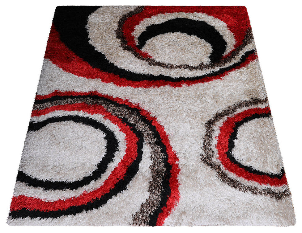 Hand Tufted Shag Polyester Area Rug Geometric Ivory Red K00019, [Rectangle] 6'x9'
