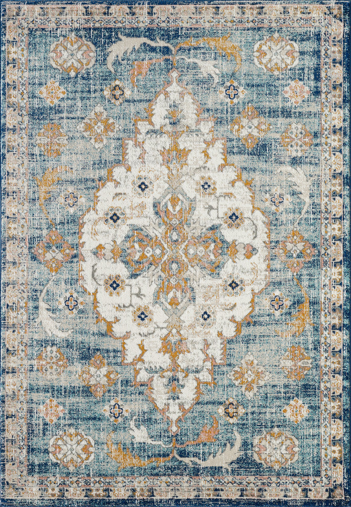 Abani Porto PRT170A Traditional Medallion Blue and Orange Area Rug
