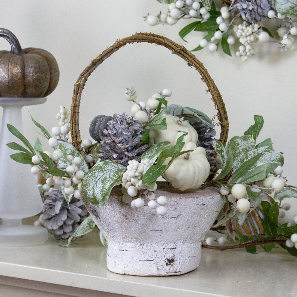 13" Pumpkin Berries and Leaves Artificial Fall Harvest Twig Basket