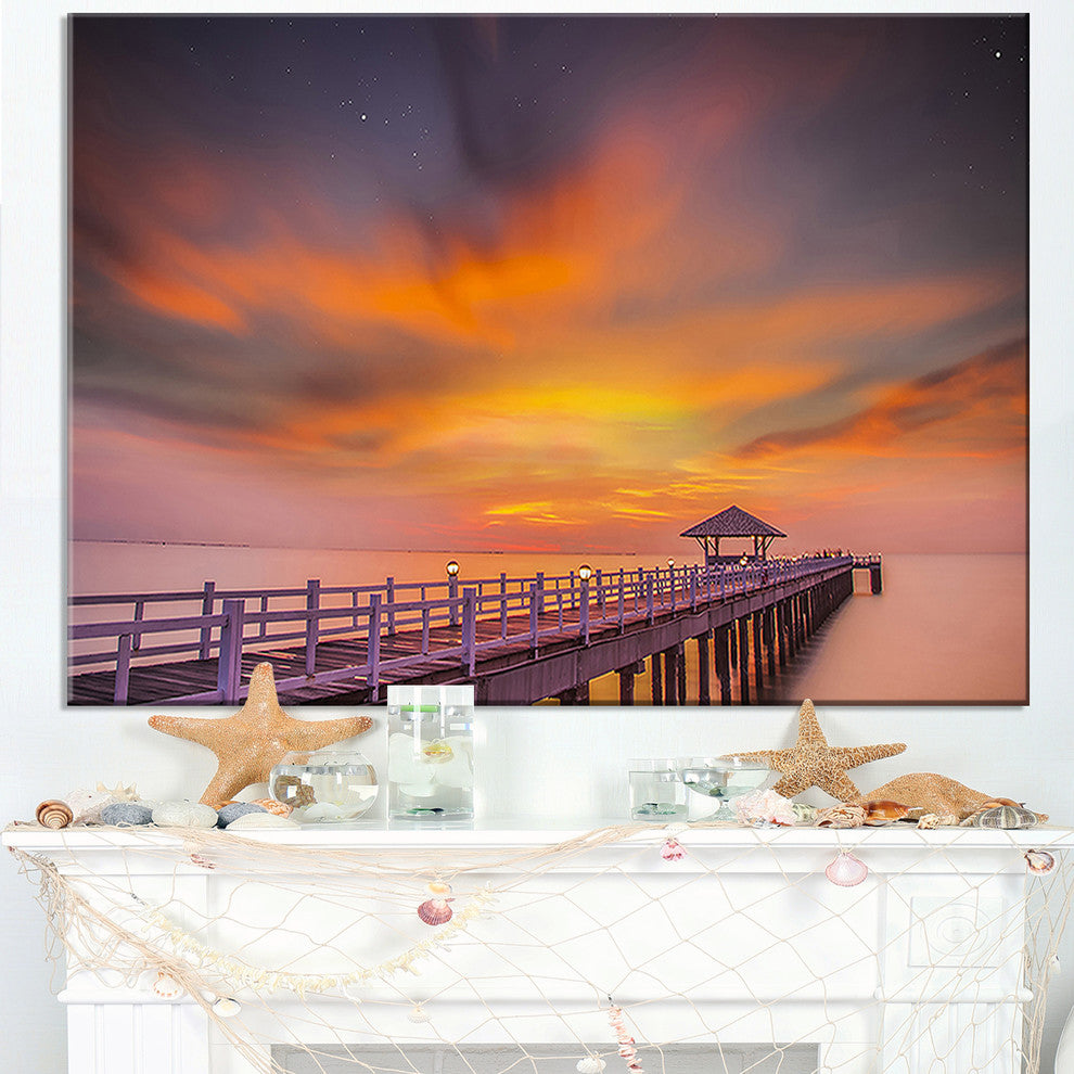 "Seashore With Long Wooden Pier" Sea Pier and Bridge Wall Art Canvas, 40"x30"
