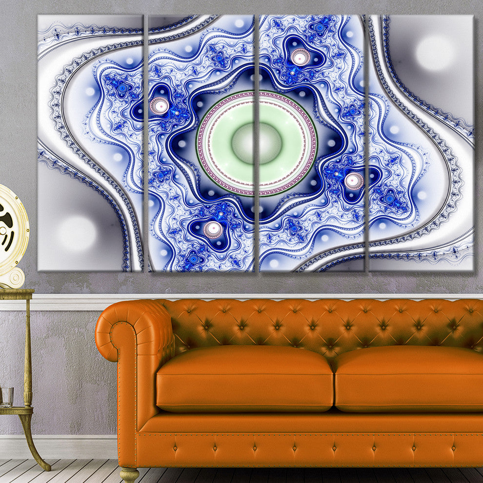 Blue on White Pattern with Circles, Abstract Canvas Wall Art, 48"x28", 4 Panels