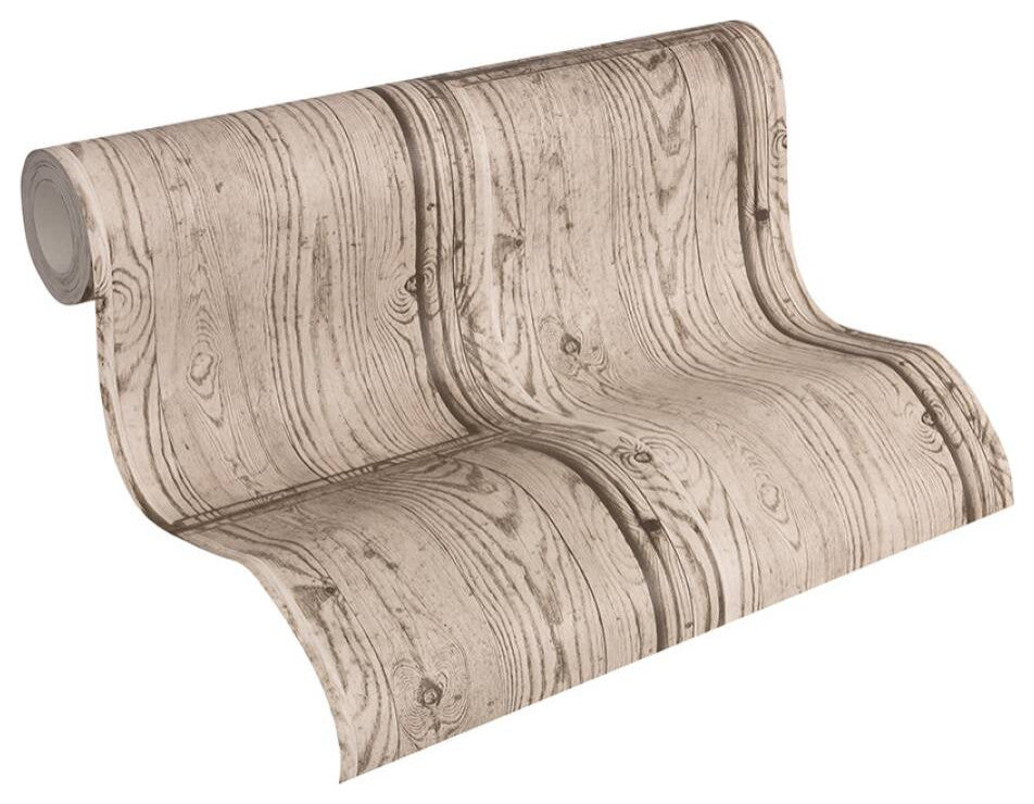 Loft Textured Wallpaper Featuring Rustic Wood, Beige Gray Brown, One Roll