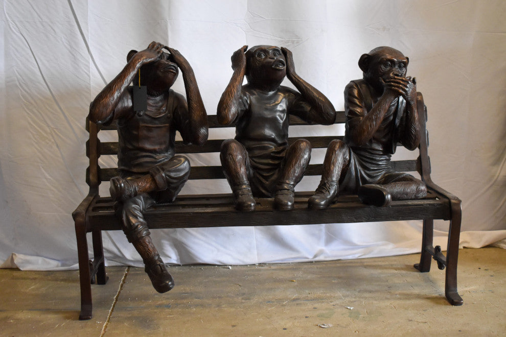 Three Comedic Monkeys on a bronze Bench, Say, Hear, See no Evil 57" x 20" x 43