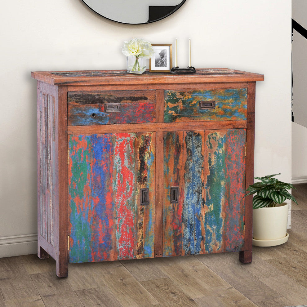 Recycled Teak Wood Chest With 2 Doors and 2 Drawers