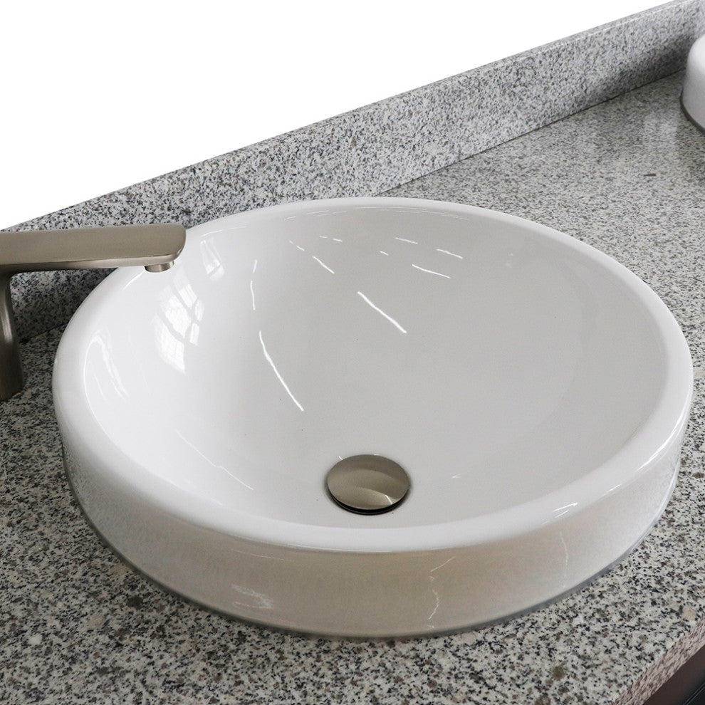 61" Double Sink Vanity, Dark Gray Finish And Gray Granite And Round Sink