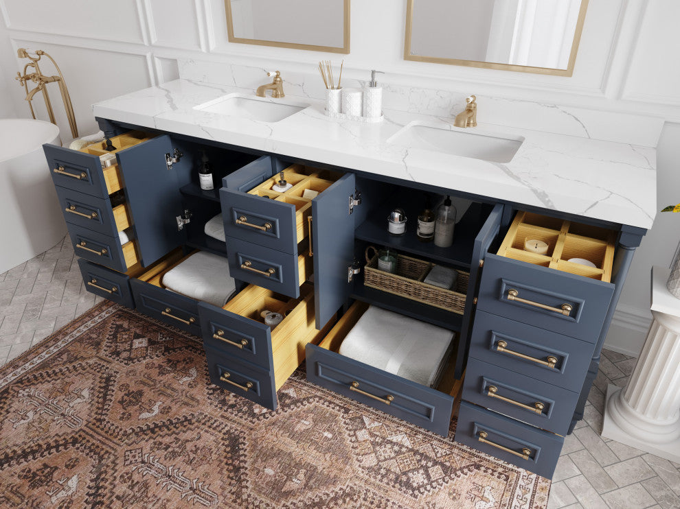Aberdeen 84 Double Sink Bath Vanity in Hale Navy Blue  2" Carrara Marble