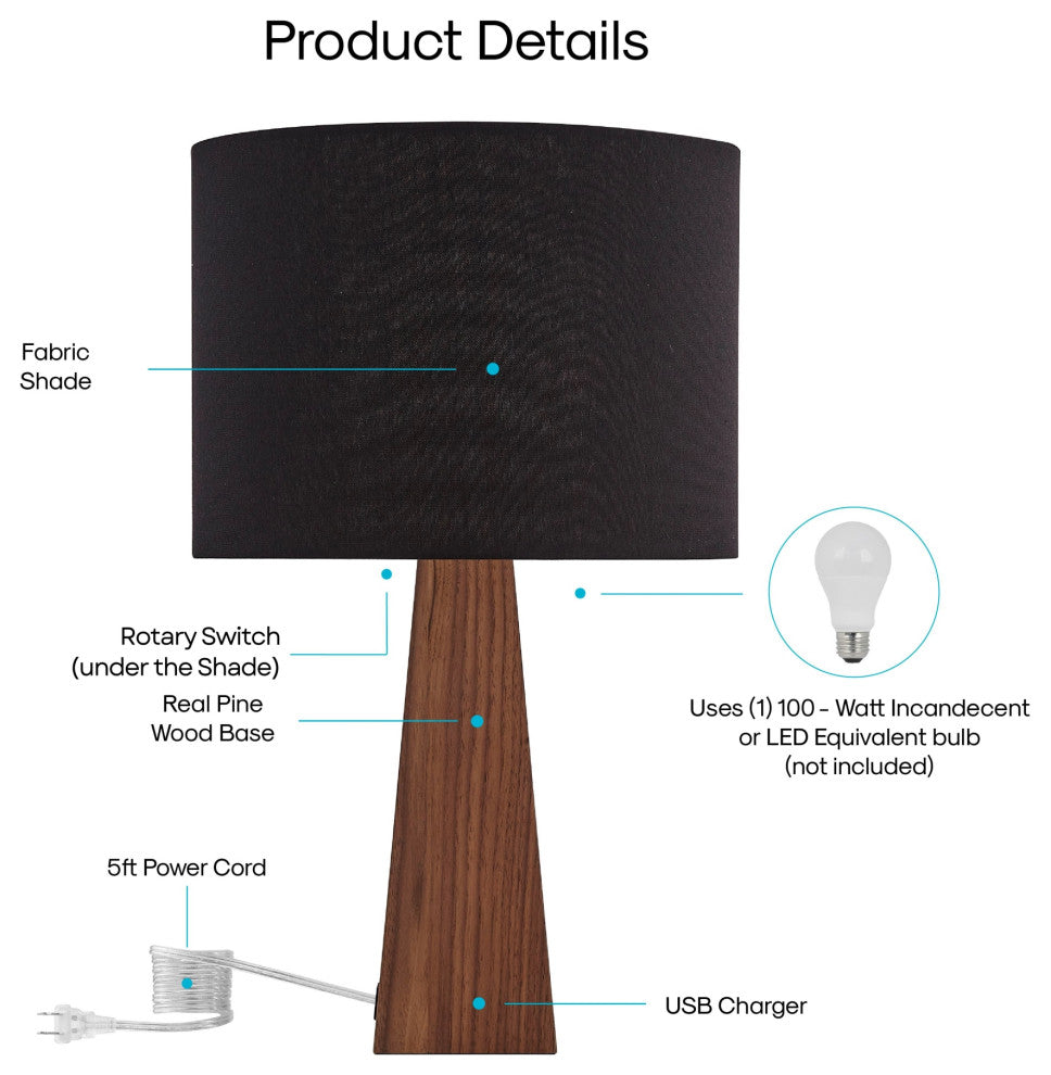 Inspired Home Iona Table Lamp, USB Charger, Black
