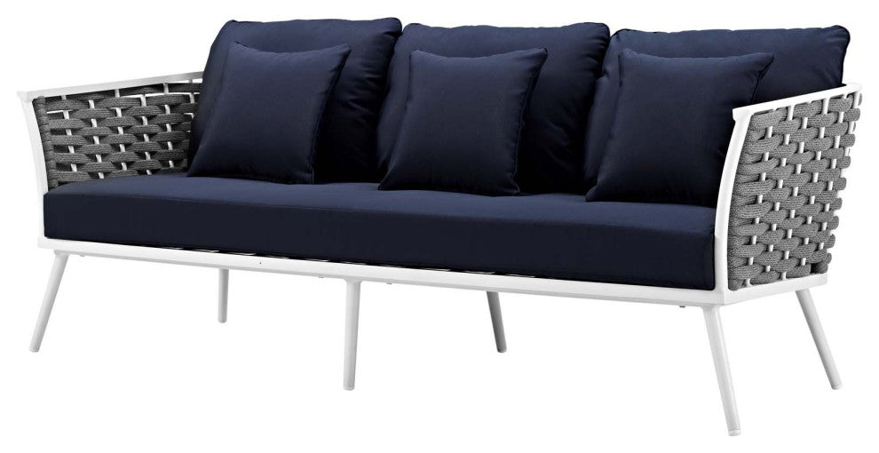 Modern Outdoor Sofa, Chair and Coffee Table Set, Aluminum Fabric, Navy White