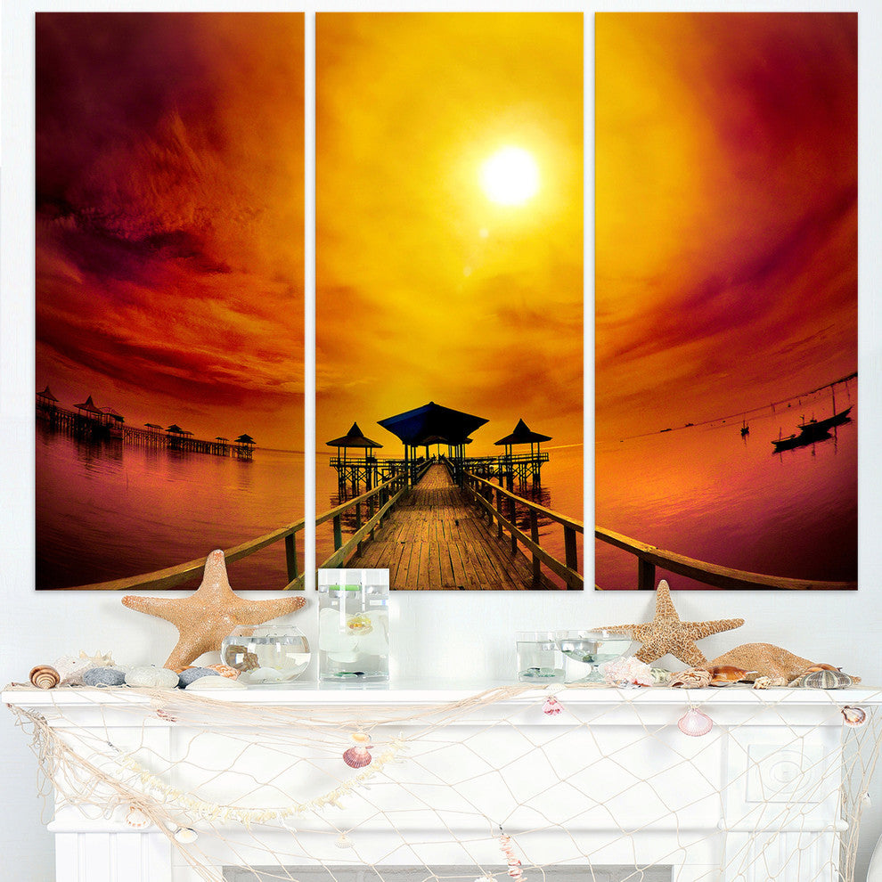 "Exotic Wood Pier Under Yellow Sun" Metal Wall Art, 3 Panels, 36"x28"
