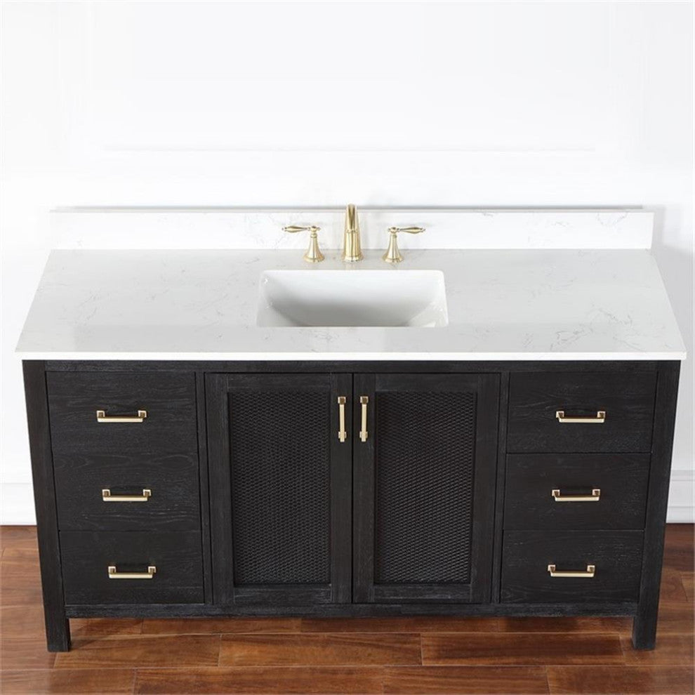Hadiya 60" Single Bathroom Vanity Set in Black Oak Marble Top without Mirror