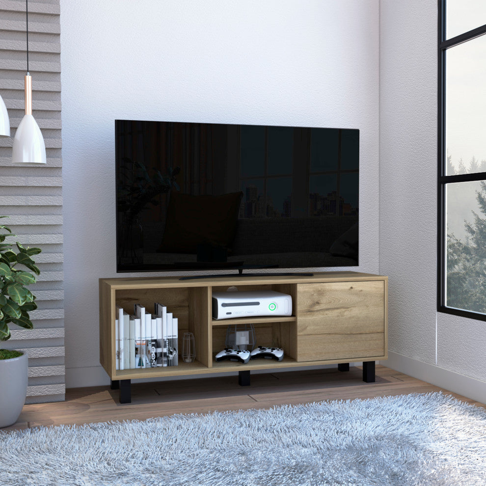 Rome TV Stand For TVs up to 43" with 3 Open Shelves and 1 Cabinet, Light Oak