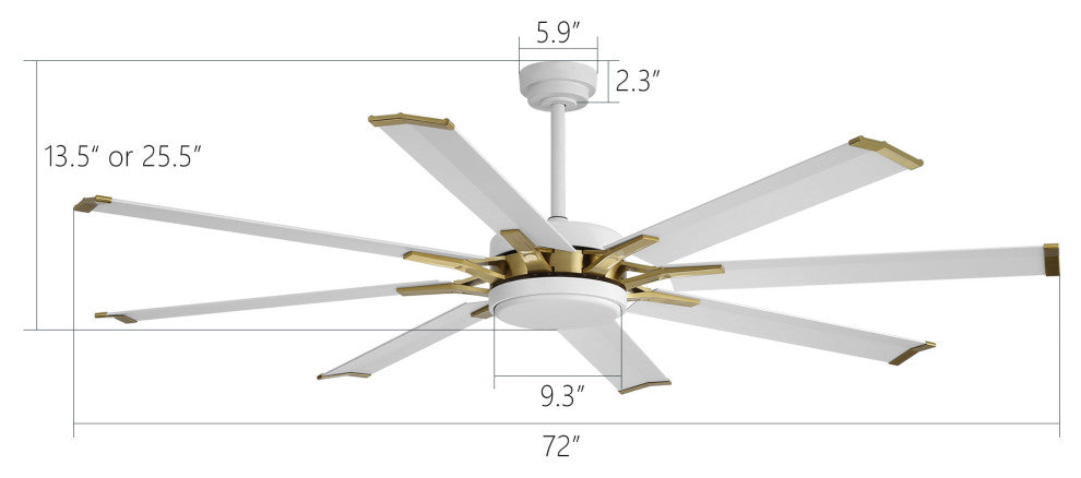 Modern Industrial 8-blade DC Motor Ceiling Fan with Remote Control, White/Gold, 72", Without Light