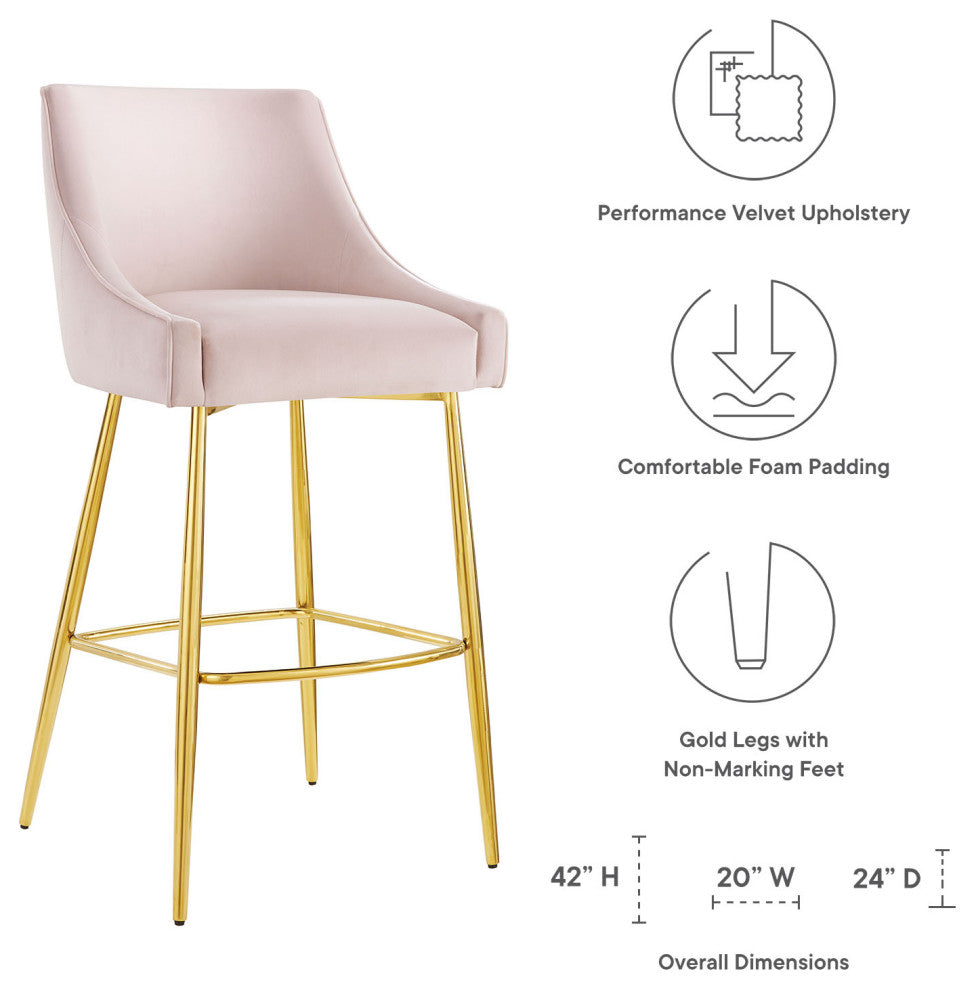 Bar Stool Chair Barstool, Set of 2, Pink, Velvet, Modern, Mid Century Lounge