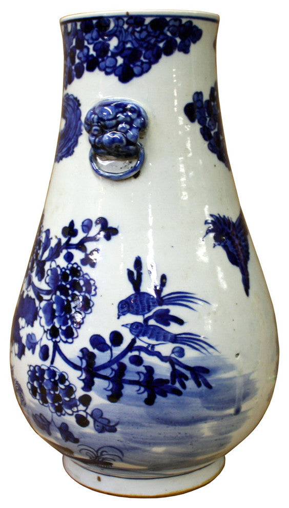 Consigned, Chinese Blue White Porcelain Flower Birds Graphic Vase