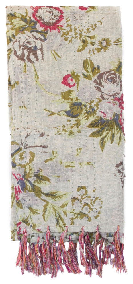 Kantha Cotton Bed Runner 23"x72", Gray/Green/Burgundy