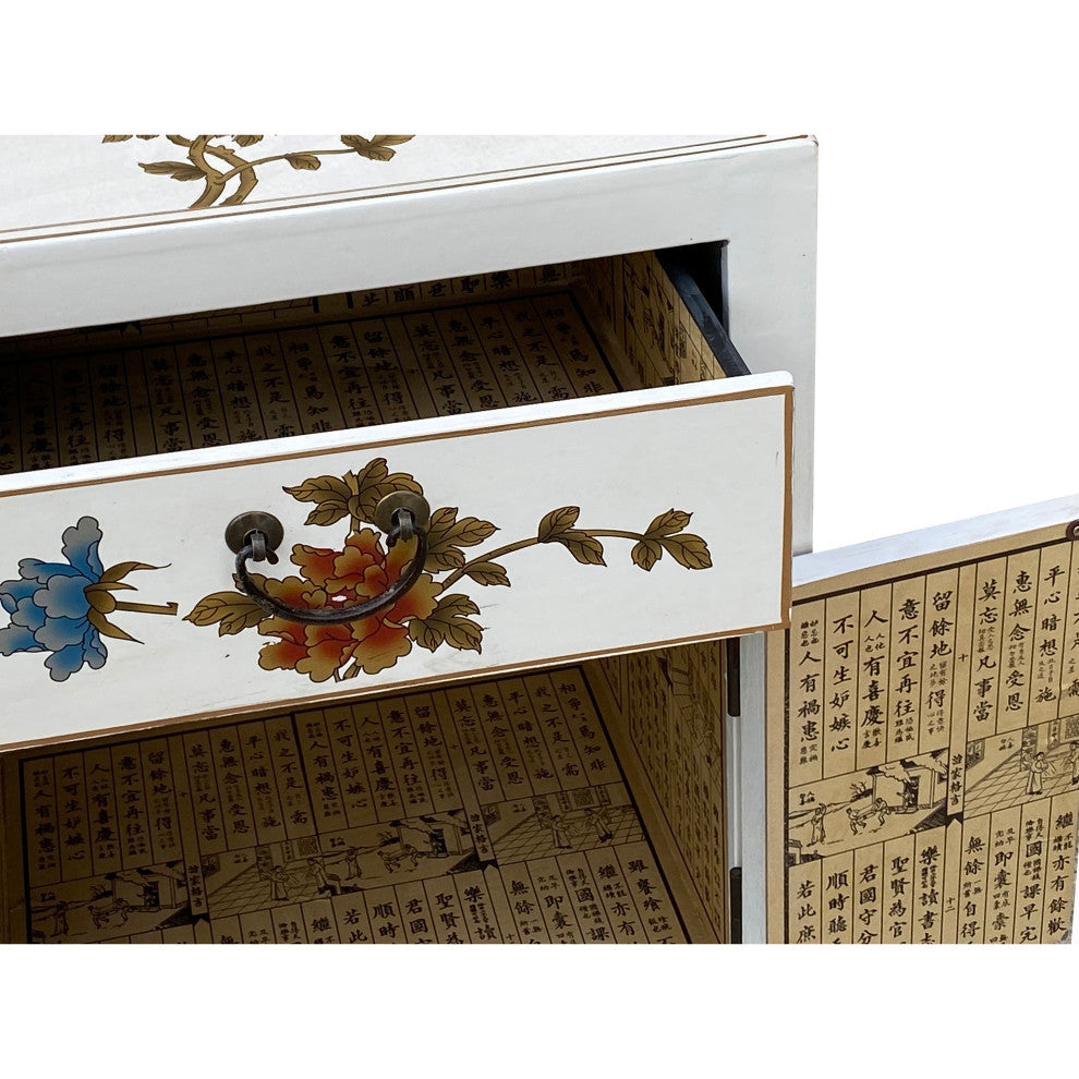 Chinese Off White Vinyl Moon Face Flower End Table Nightstand Hcs7130