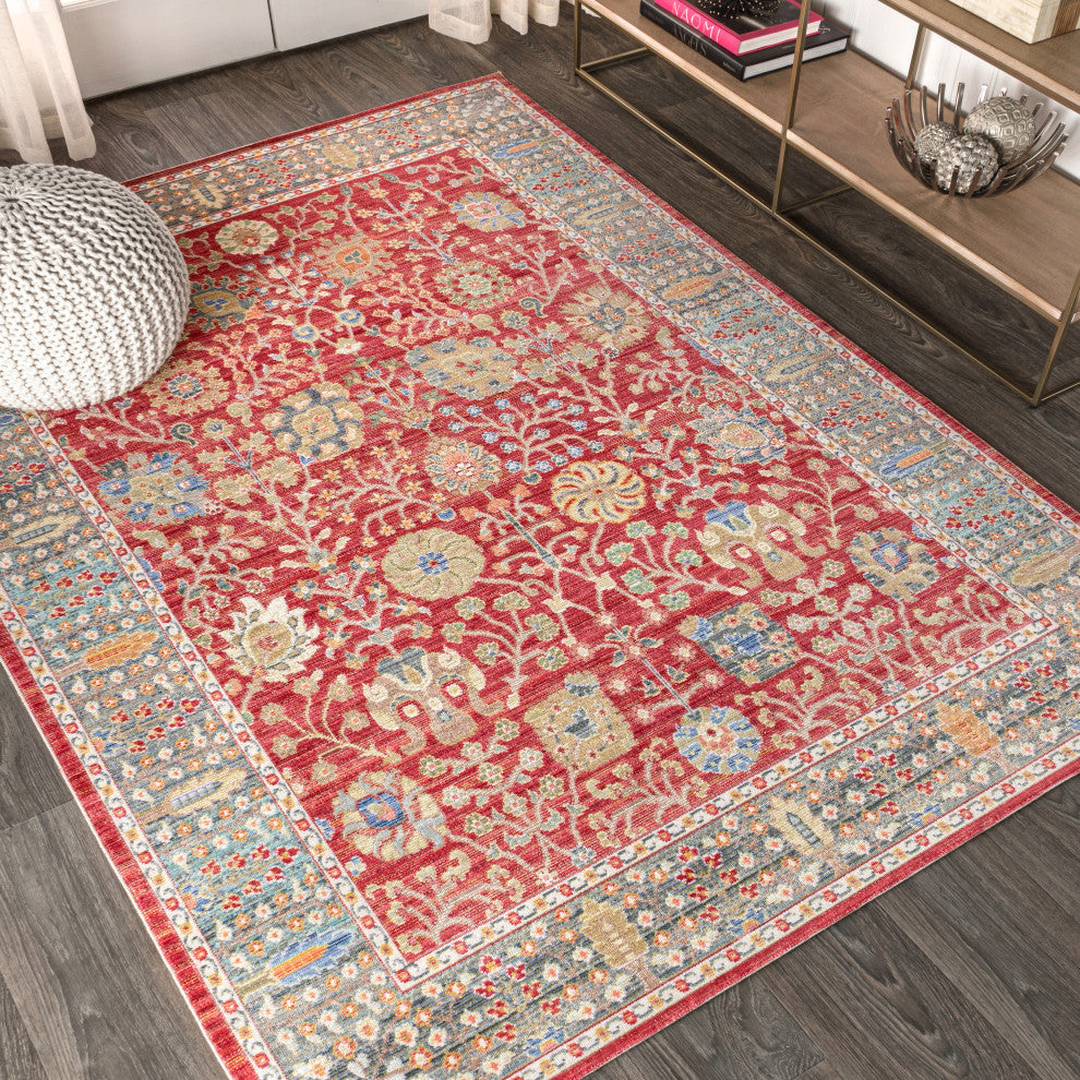 India Flower Area Rug, Burgundy, 5x8
