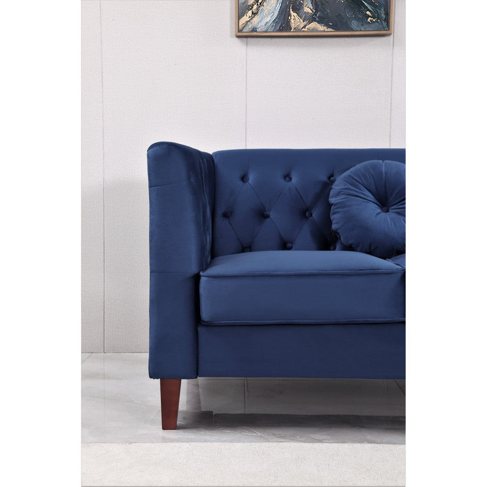 Elegant Sofa, Chesterfield Inspired, Velvet Seat & Button Tufted Back, Dark Blue