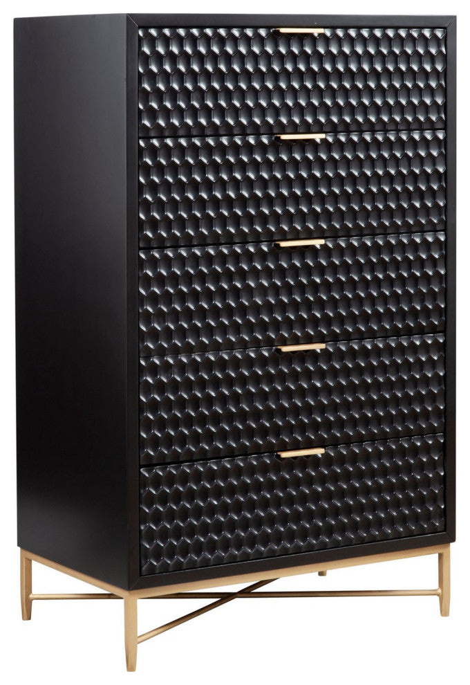 Benzara BM284294 5 Drawer Tall Dresser Chest, Honeycomb Panels, Black, Gold
