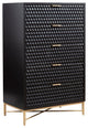 Benzara BM284294 5 Drawer Tall Dresser Chest, Honeycomb Panels, Black, Gold