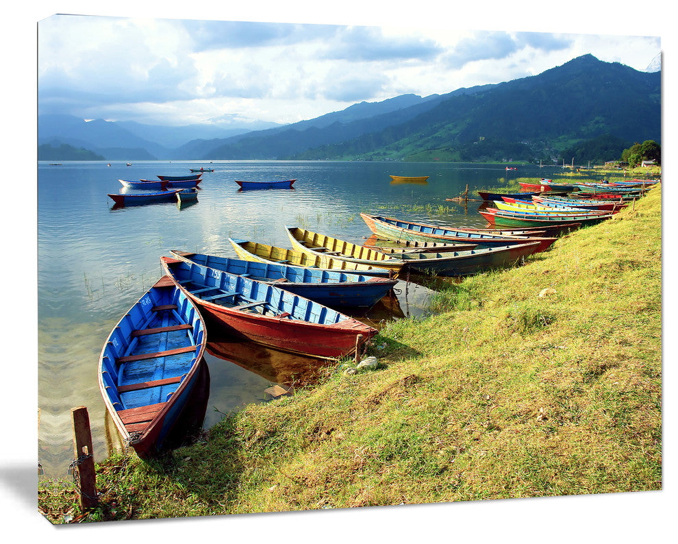 Color Boats in Phewa Lake, Boat Canvas Art Print, 20"x12"