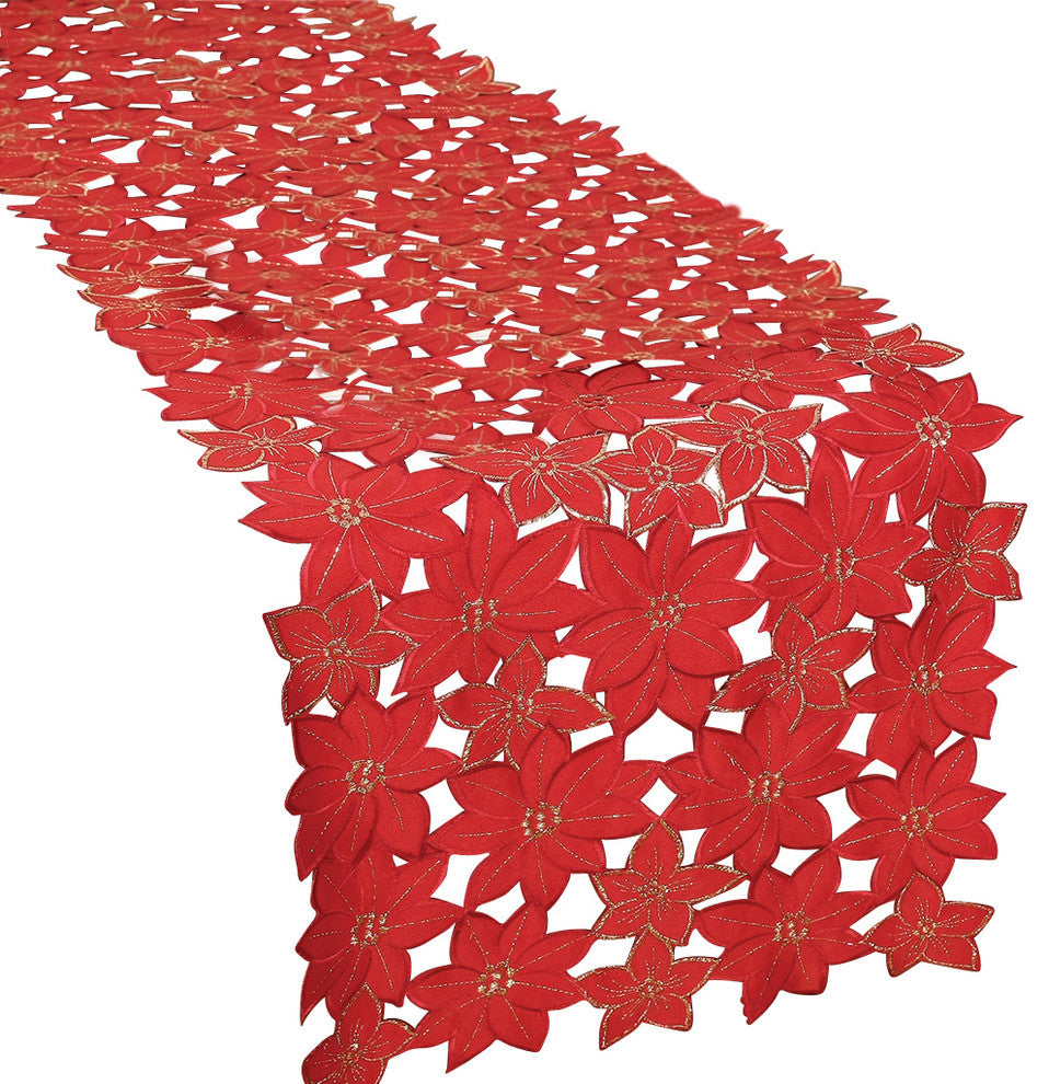 Festive Poinsettia Embroidered Cutwork Christmas Table Runner, 15"x54"