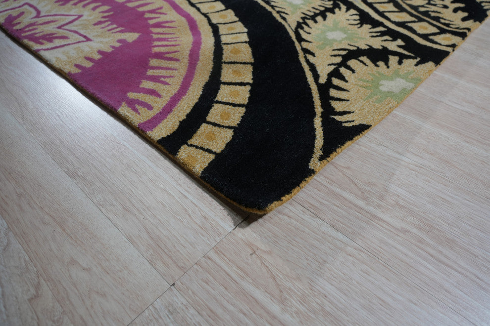 Hand-Tufted Wool Black Contemporary Abstract Paisley Rug, 7'9 Square
