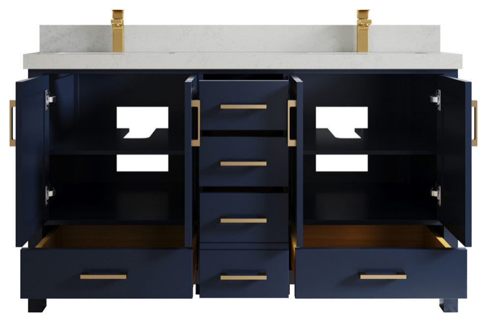 Malibu 60 Double Sink Bathroom Vanity in Navy Blue 2" Carrara Quartz