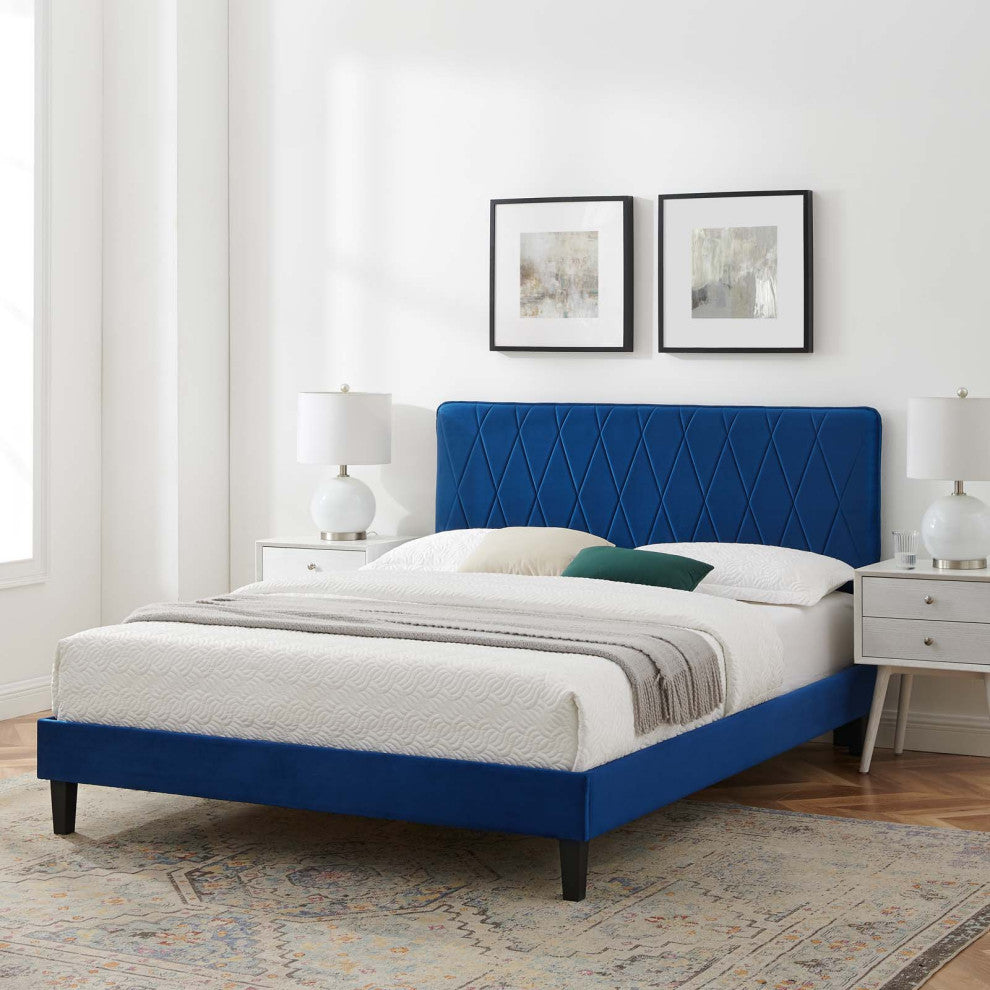 Phillipa Performance Velvet King Platform Bed, Navy