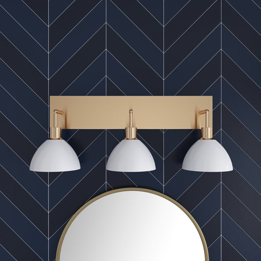 Modern 3-Light Bathroom Vanity Light Over Mirror with White Shades, Gold