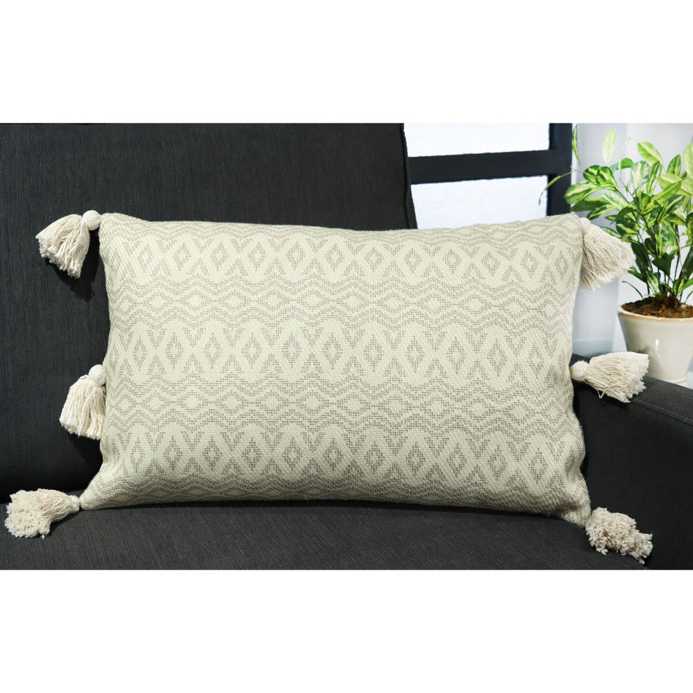 Off-White Machine Woven with Tassels Heathway Throw Pillow, 16" x 26"