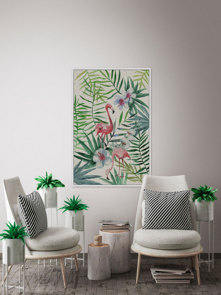 "Tropical Flamingos III" Floater Framed Painting Print on Canvas, 12"x18"