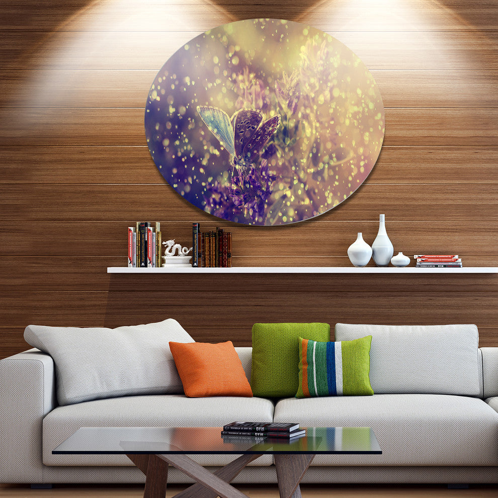 Blue Butterfly And Purple Flowers, Modern Flower Round Wall Art, 23"