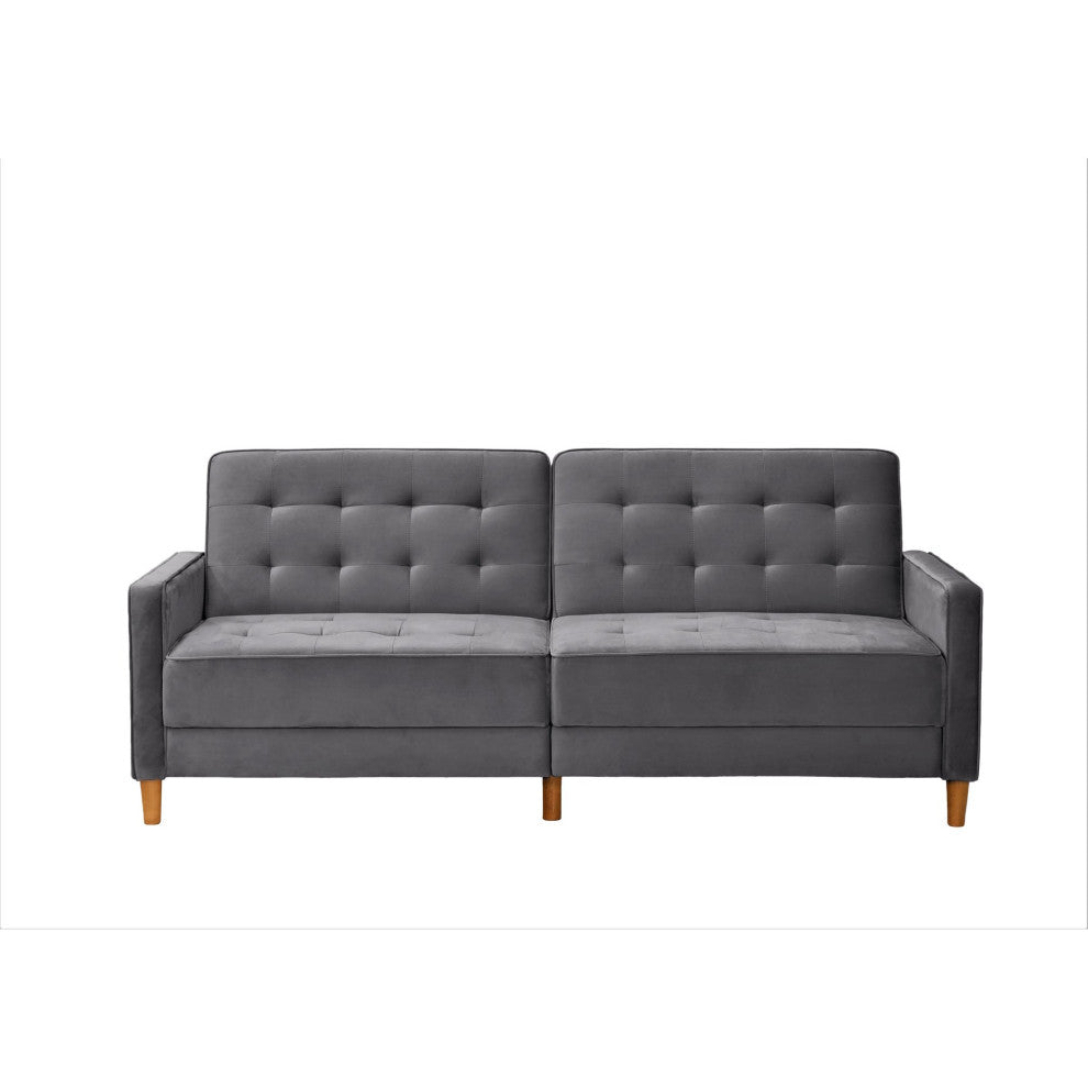 Retro Modern Sleeper Sofa, Soft Velvet Upholstery With Biscuit Tufting, Grey