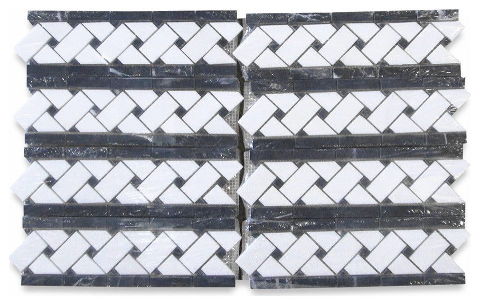 Thassos White Marble 4x12 Basketweave Mosaic Border / Black Dots Honed, 1 sheet