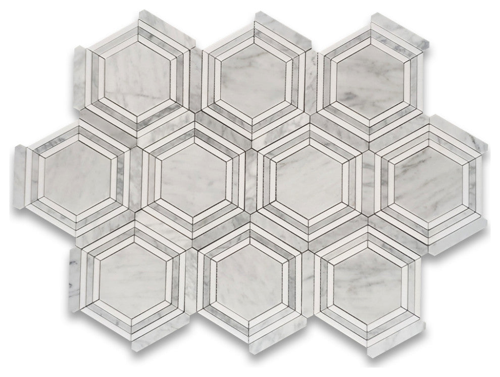 Carrara White Marble 5 Hexagon Georama Mosaic Tile Thassos Strip Honed, 1 sheet