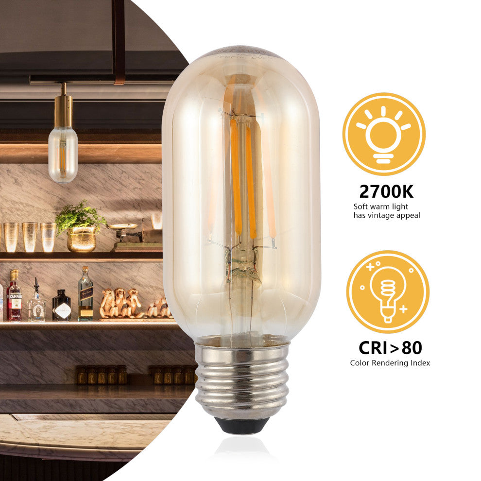 Non-Dimmable T45-4W LED Edison Bulbs, E26 Base, 80+ CRI, 350 Lumens, Pack of 6