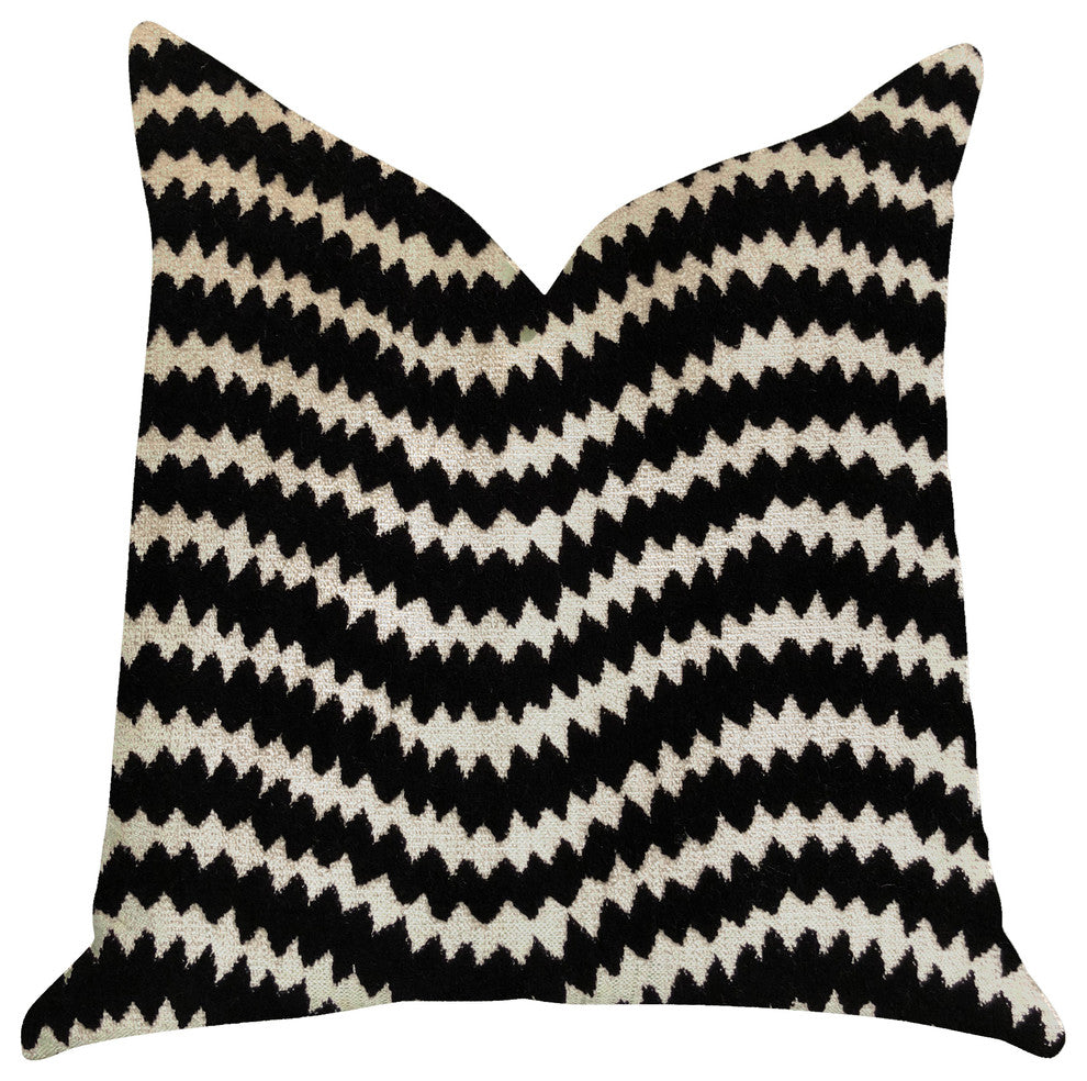 Jagged Fringe Luxury Throw Pillow in Black and Beige, 18"x18"
