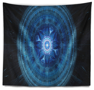 Bright Blue Fractal Sphere Abstract Wall Tapestry, 60"x50"