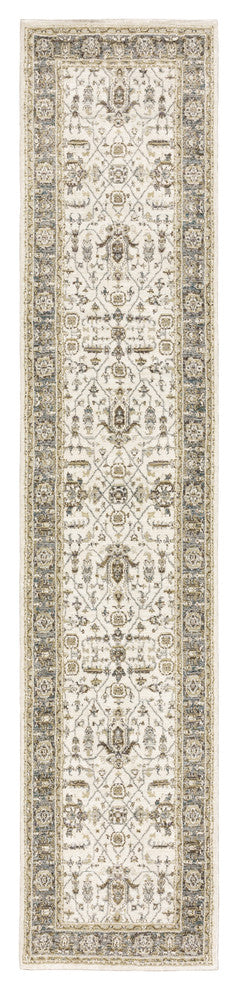 Adeline Traditional Bordered Ivory and Blue Area Rug, 2'6"x12'