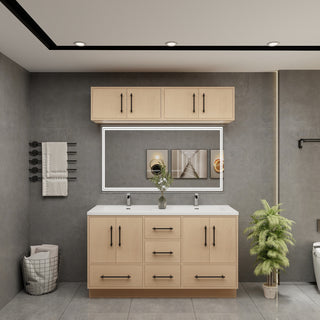 Victoria 60" Solid Wood Vanity Double Sink, Overhead Cabinet, Yellow Oak
