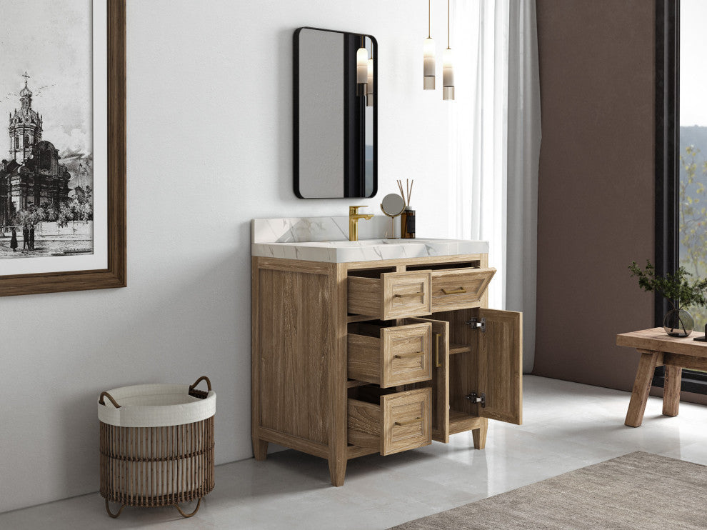 Santa Monica 36 Center Sink Bath Vanity in Whitewashed Teak 2" Empira Quartz